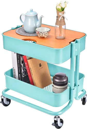 Miniatura 8 de Mesa auxiliar de almacenamiento de metal de 2 niveles con tablero de cubierta para oficina, hogar, cocina, organización, color negro