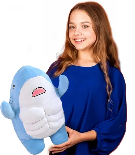 Miniatura 3 de Animal de peluche de tiburón muscular, lindo juguete de peluche 3D de tiburón muscular, regalos para niños, 13.8 pulgadas (azul)