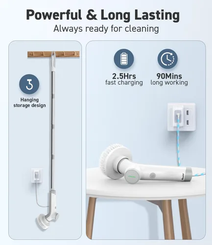 Miniatura 5 de VEWIOR Limpiador eléctrico giratorio, cepillo de limpieza inalámbrico con 3 ángulos ajustables, 2 velocidades, 3 cabezales de cepillo reemplazables