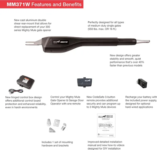 Miniatura 2 de Mighty Mule MM371W - Abridor de puerta automático, inteligente y listo para energía solar, incluye control remoto del abridor de puerta y más