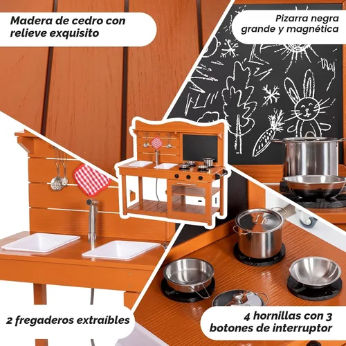Miniatura 2 de BRINJOY Juego de cocina para niños, juego de cocina de barro de madera al aire libre con 2 fregaderos extraíbles y tubo rociador, cocina de juego