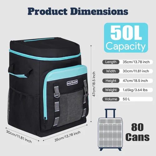 Miniatura 3 de INSMEER Cooler with Wheels and Handle, 80 Cans/50L Rolling Cooler, Portable Soft Sided Cooler with Wheel, 2-in-1 Collapsible Trolley Cart, Large