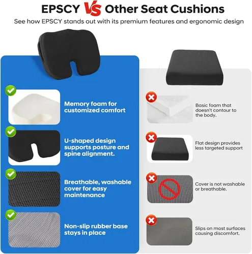 Miniatura 8 de EPSCY Cojín de espuma viscoelástica en forma de U para alivio del dolor de coxis, hemorroides, ciática y coxis, cojín de asiento reductor de presión