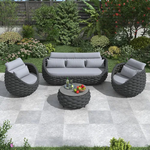 Miniatura 22 de Juego de muebles de patio de cuerda de 4 piezas: conjunto de sofás al aire libre de aluminio acolchado - sofá de conversación moderno ensamblado