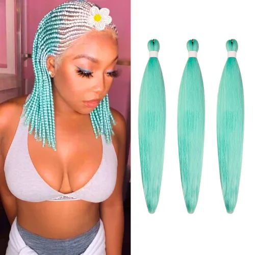 Miniatura 74 de Cabello trenzado verde azulado preestirado, hipoalergénico, sintético, color azul aguamarina, para trenzas y giros, extensiones de cabello largo