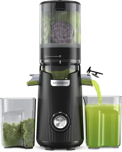 ACOQOOS Máquinas exprimidoras, canal de 5.3 pulgadas de ancho para frutas y verduras enteras, ahorro de tiempo de alimentación automática de 1.8L,