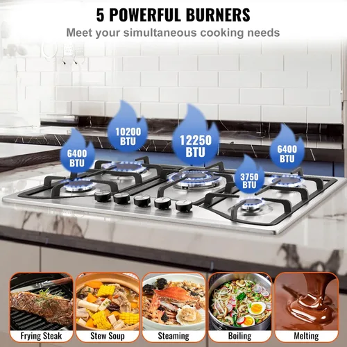 Miniatura 3 de Happybuy Cocina de gas de 30 pulgadas, estufa de gas integrada de 5 quemadores, estufa de gas convertible de 12250 BTU NG/LPG, protección
