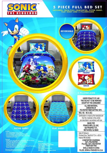 Miniatura 3 de Franco juego muy suave de edredón y sábanas para niños, 5 piezas, tamaño matrimonial, Sonic