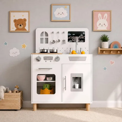 Arlopu Juego de cocina de madera para niños con pizarra, luces y sonidos realistas, cocina interactiva con estufa, dispensador de agua, 6 utensilios