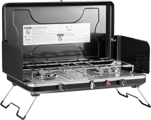 Miniatura 11 de FineFlame Estufa de campamento, estufa de campamento portátil de propano con regulador, botón de encendido instantáneo, quemadores ajustables
