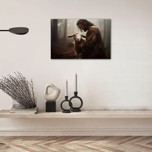 Miniatura 2 de Arte de pared en lienzo de Jesús y Cordero, Arte de pared en lienzo de Jesús abrazando a un cordero fangoso, Arte de pared cristiano para decoración