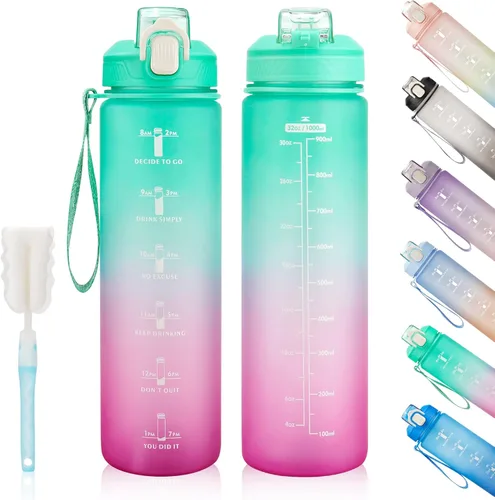 YC Kitchen - Botella de agua motivacional con marcador de tiempo - Botellas de agua de 32 onzas con horarios para beber, botella de agua deportiva a