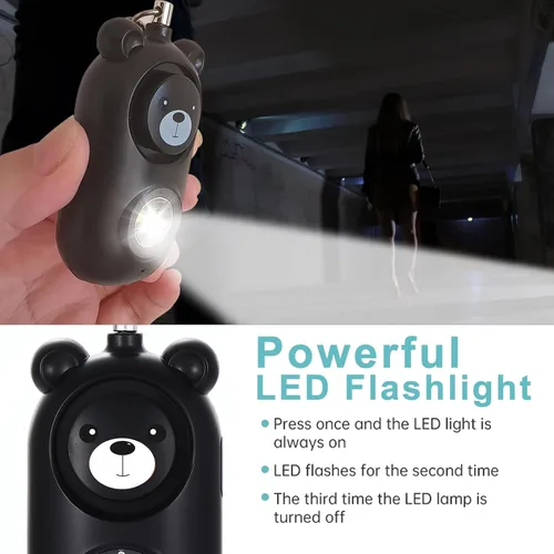 Miniatura 5 de Llavero de alarma de seguridad personal con luz LED, alerta de emergencia de 130 dB, diseño de oso recargable para mujeres, niños y niñas