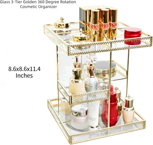 Miniatura 5 de Organizador de cosméticos de vidrio dorado de 3 niveles con rotación de 360 grados, bandeja de perfume giratoria de alta calidad, exhibición