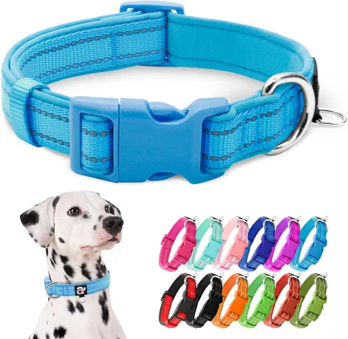 Miniatura 24 de azuza Collar reflectante para perro, de neopreno suave acolchado con anillo para etiqueta de identificación, ajustable para perros pequeños, azul