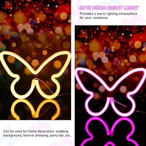 Miniatura 4 de Riakrum 2 piezas de letreros de neón de mariposa con luz LED, alimentado por batería 3AA, operado por USB, luz de neón de pared, decoración