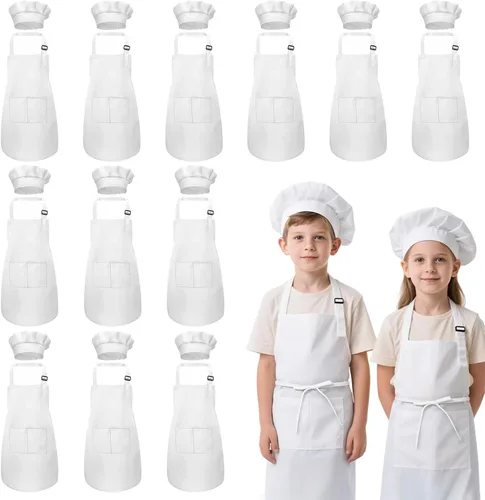 Miniatura 10 de Juego de delantal y sombrero de chef para niños, 24 piezas con 2 bolsillos ajustables para cocinar, aula, hornear, pintura, 6 a 13 años