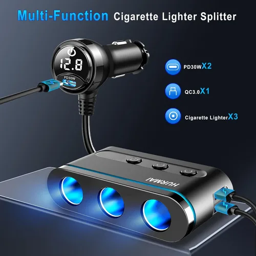 Miniatura 5 de Divisor de Encendedor de Cigarrillos, Adaptador de Encendedor de Cigarrillos para Autos de 3 Enchufes, Cargador USB Multipuerto de Servicio Pesado