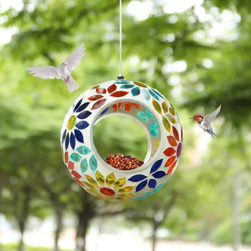 Miniatura 3 de VCUTEKA Comedero para Pájaros de Mosaico Tipo Fly Through para Exterior Colgante con Recipiente de Vidrio de Forma Redonda para Atraer Más Aves