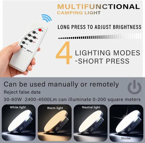 Miniatura 4 de Luces de campamento para tienda de campaña de 4500 lúmenes, 45 W, recargable, linterna LED magnética, toldo portátil USB para exteriores, luces