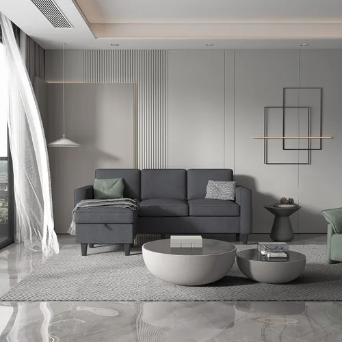 Miniatura 3 de Sofá seccional convertible gris oscuro, moderno sofá tapizado de tela de lino en forma de L con bolsillos para reposabrazos, sofá de 3 plazas