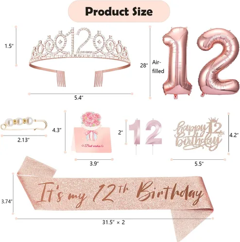 Miniatura 2 de Decoraciones de cumpleaños de 12 años para niñas, que incluyen adorno para pastel de 12 años, banda de reina del cumpleaños con alfiler de perla