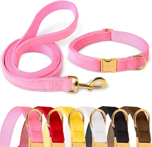 Miniatura 8 de GAMUDA Collar y correa de terciopelo para perro, súper suave y liso, hebilla dorada resistente, cómodo y fácil de limpiar, collar ajustable para Rojo