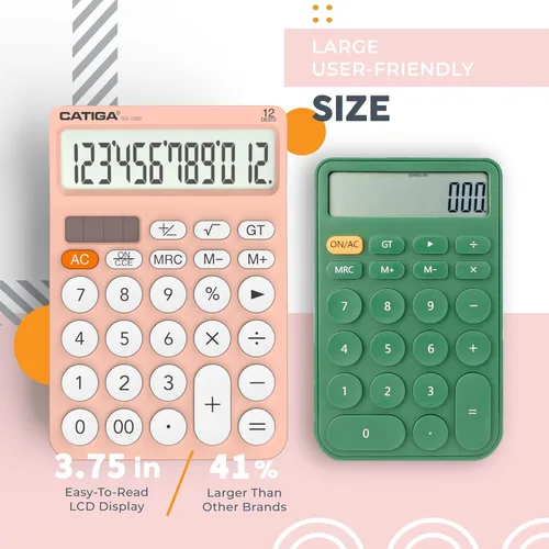 Miniatura 2 de CATIGA Calculadora de escritorio de 12 dígitos Calculadora de escritorio básica con pantalla LCD grande, botones grandes, 4 funciones, energía solar