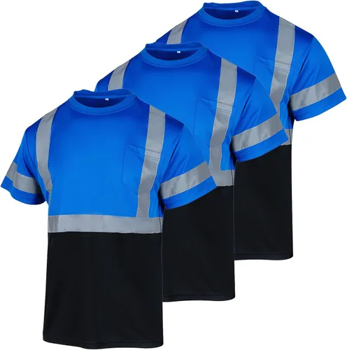 VENDACE Camisas de seguridad para hombre, paquete de 3 camisetas reflectantes de alta visibilidad de manga corta para trabajo de construcción (azul