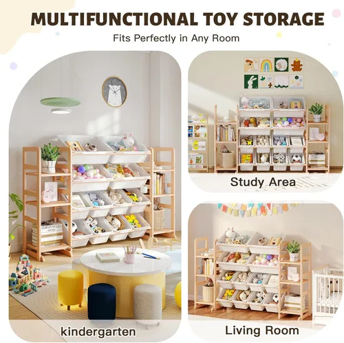 Miniatura 4 de Organizador de almacenamiento de juguetes de madera con 6 estantes y 12 contenedores, organizador de juguetes para niños, estante de juguetes
