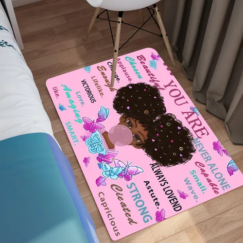 Miniatura 44 de Alfombra de área para dormitorio de niñas negras africanas, alfombra para sala de estar, sala de juegos, azul, lindo anime de dibujos animados