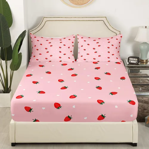 Miniatura 2 de Juego de sábana bajera ajustable para niños de fresa roja, tamaño individual, diseño de corazón dulce princesa, decoración de habitación para niñas