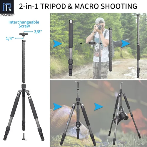 Miniatura 3 de Trípode INNOREL RT45C portátil de fibra de carbono de 10 capas sin cabeza esférica, trípode compacto y ligero para cámara DSLR, videocámara de video