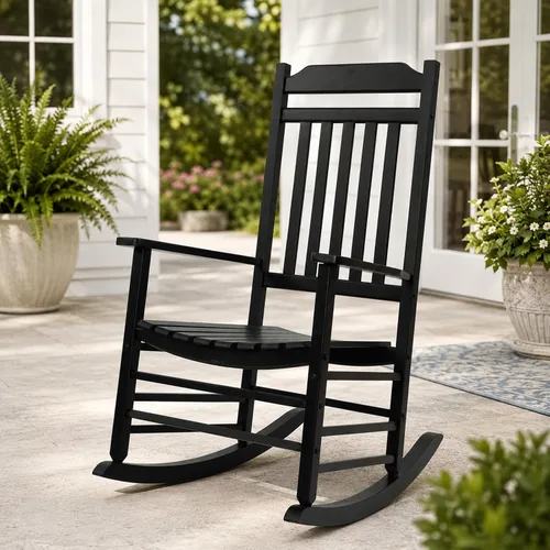 Kozyard Mecedora de madera, silla mecedora de madera maciza para exteriores con respaldo alto y asiento de listones, mecedora ergonómica para