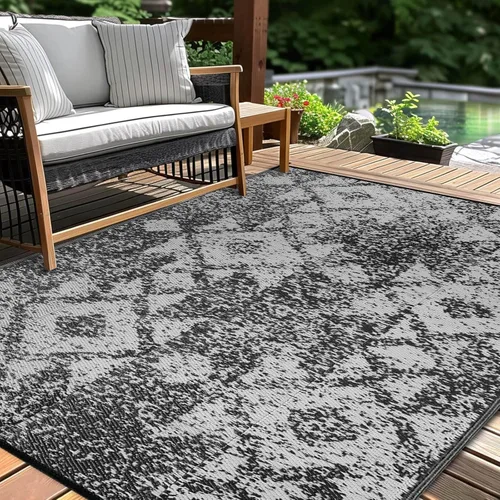 Miniatura 24 de Alfombra de paja de plástico para patio al aire libre, 5 x 8 pies, impermeable, reversible, alfombra de área, patio, caravana, porche, balcón, Azul