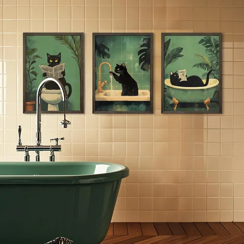 Miniatura 6 de Arte de pared de baño de gato, lienzo divertido para decoración de pared, imágenes de gato negro, impresiones lindas divertidas para baño, póster