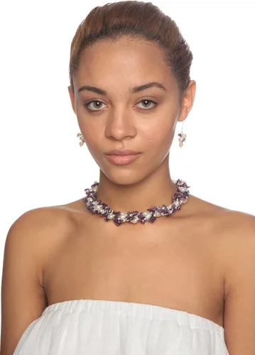 Miniatura 3 de HinsonGayle, juego de aretes colgantes y collar de dos vueltas con perlas cultivadas de agua dulce y piedras.