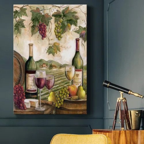 Miniatura 5 de Renditions Gallery Arte de pared de viñedo, decoración de vino rojo y blanco, queso y uvas, arte escénico para cocina o comedor, lienzo de alta