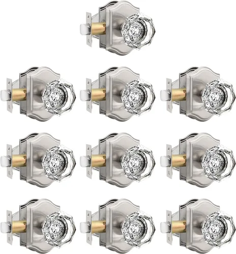 Miniatura 39 de Gobrico Paquete de 5 pomos de puerta de cristal de paso en latón antiguo para pasillo, armario, lavandería, forma octágono transparente, sin llave