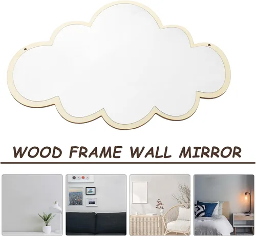 Miniatura 6 de HOMSFOU Espejo de pared colgante nórdico, espejo decorativo en forma de nube con marco de madera y cuerda de cáñamo para baño, dormitorio
