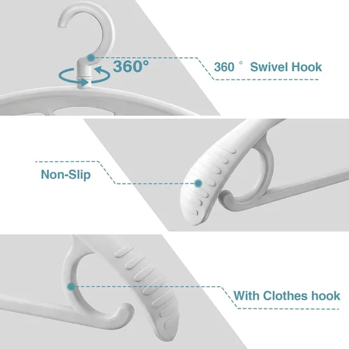 Miniatura 4 de Percha de plástico para ropa, extra gruesa de plástico con hombro ancho para adultos, rotación de 360 grados, antideslizante, percha estándar