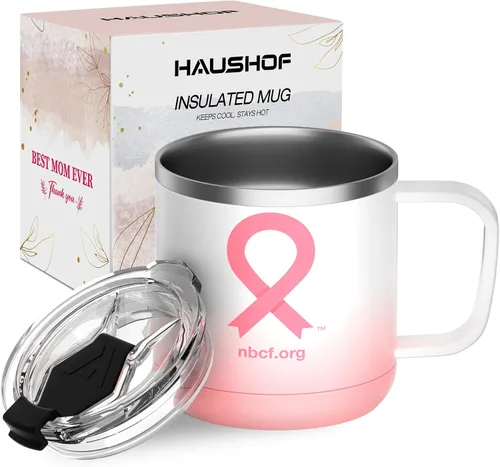 HAUSHOF Taza con tapa, taza de café aislada de 14 onzas con asa para la mejor mamá, regalos de cumpleaños de Navidad, cinta rosa Lazo rosado