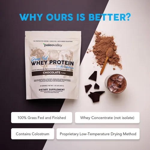 Miniatura 5 de Paleovalley Proteína de suero en polvo 100% alimentada con pasto con calostro, 30 porciones, chocolate, 0.53 onzas de proteína, construcción