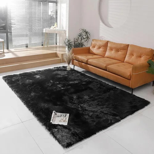 Miniatura 18 de linmopm Alfombra de piel sintética de pelo lanudo esponjoso negro de 2x6 pies para dormitorio, cabecera de la cama, suelo, sala de estar, cojín