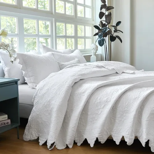 Miniatura 22 de Brandream Queen Size Quilt Set Cotton Beige Quilts Luxury Farmhouse Bedding Set Matelasse Coverlet Scalloped Quilt Set 3-Piece