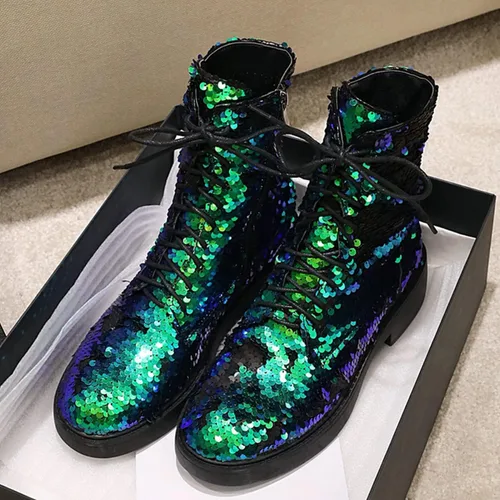 Miniatura 3 de FIFSY Botines de combate con purpurina y lentejuelas para mujer con tacones brillantes