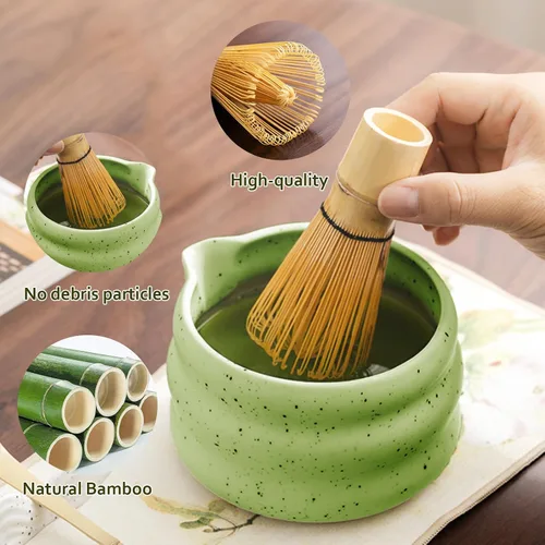 Miniatura 4 de cjc Juego de 7 piezas de batidores, juego de batidor de matcha, cuenco de cerámica con boquilla, batidor de bambú, ceremonia japonesa, regalo