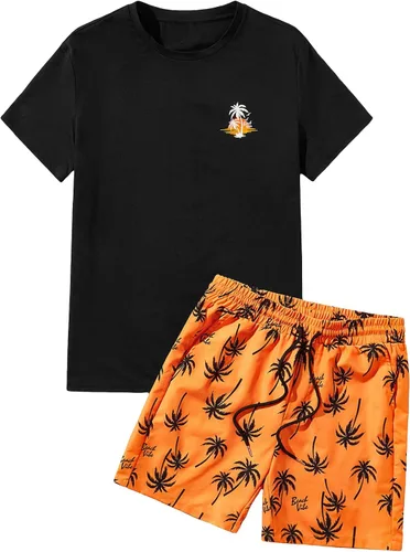 Miniatura 36 de GORGLITTER Conjunto de 2 piezas de camiseta gráfica de manga corta para hombre, estampado hawaiano con cordón y pantalones cortos