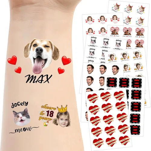 Miniatura 30 de Tatuajes temporales personalizados para la cara, tatuajes faciales personalizados con nombre de foto, logotipo, texto, calcomanía de tatuaje falsa