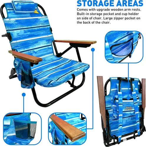 Miniatura 6 de EasyGo Product Mochila para silla de playa, 5 posiciones y bolsa para portavasos en el lateral, bolsa de almacenamiento de almohada acolchada